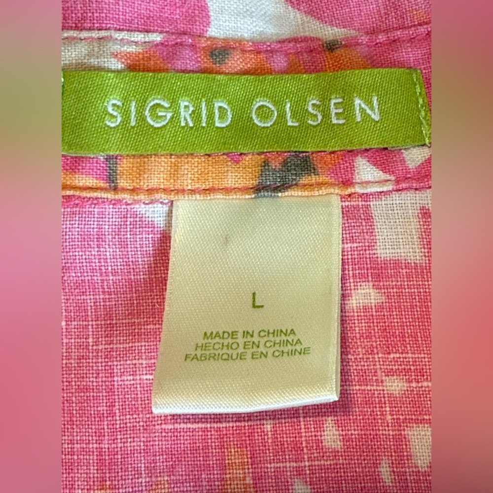 Sigrid Olsen 3/4 Sleeve Top Large Pink Orange Floral Linen Split Neck High Low - Picture 7 of 16